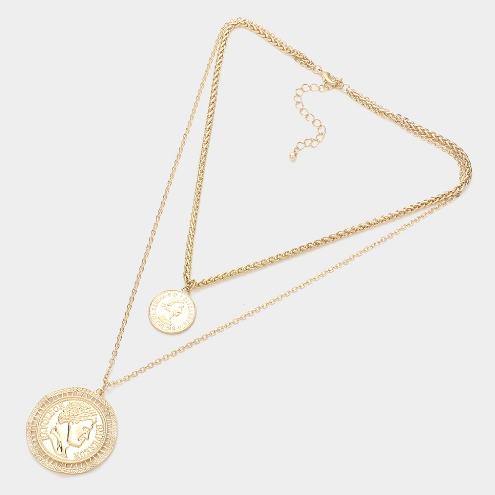Gold Chain Double Layered Portrait Head Coin Link Necklace - Picture 2 of 11